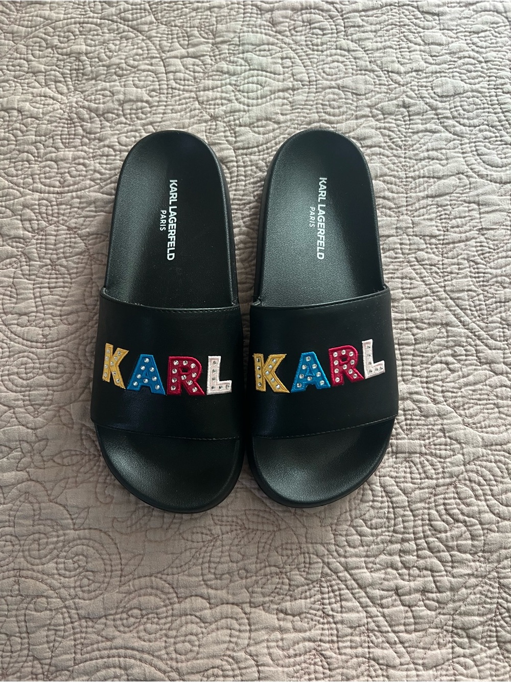 Karl Lagerfeld Black Slide Sandals with Multicolor Studded KARL Logo